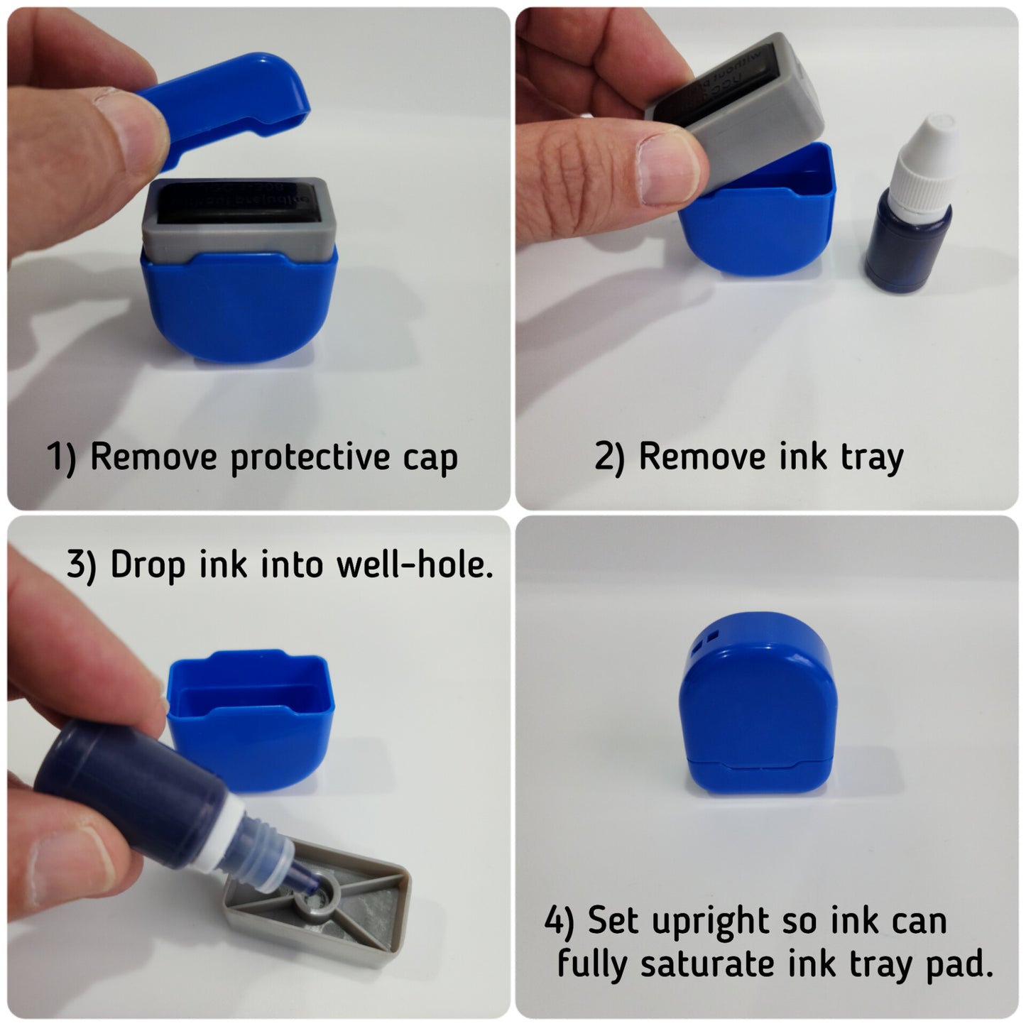1. Remove protective cap 2. Remove ink tray 3. Drop ink into well hole 4. Close and set upright for tray saturation