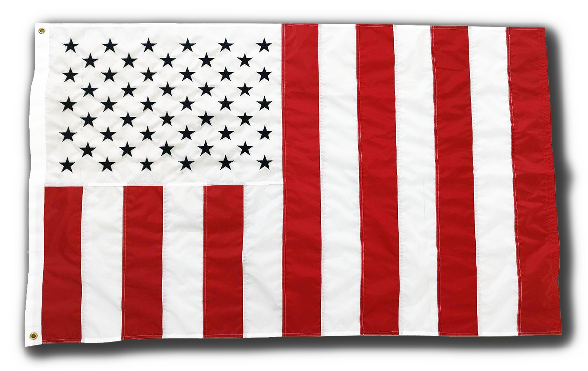 Photograph of the United States of America Civil Peace Flag. Has 50 blue stars on a white background with 13 red and white vertical stripes.